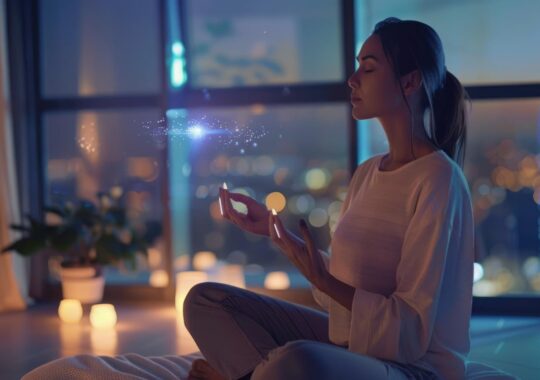 Mulher sentada em posição de lótus realizando uma meditação.